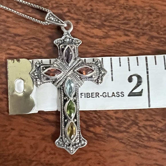 Sterling Silver .925 multi gemstone cross pendant necklace - Picture 6 of 11